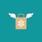 brown grocery paper shopping paper bag with snowflake and wings. flat icon isolated on blue.