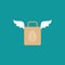 Brown grocery paper shopping paper bag with wings. flat icon isolated on blue