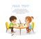 Brown hair Boy and Girl sit in profile at the round table and draw picture with watercolor and pencils. Drawing activity