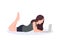 Brown hair woman using laptop lying pose isolated faceless profile silhouette female cartoon character full length flat