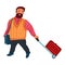 The brown-haired bearded man carries a red travel stroller suitcase. Vector illustration in flat cartoon style.