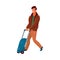 The brown-haired man carries a blue travel stroller suitcase. Vector illustration in flat cartoon style.