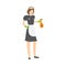 Brown-haired smiling housemaid posing with a squirting spray bottle. Vector illustration in flat cartoon style.