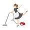 Brown-haired smiling housemaid posing with a vacuum cleaner. Vector illustration in flat cartoon style.