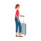 Brown haired tourist woman with a suitcase on wheels and luggage goes on a journey to travel.