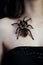 Brown hairy fluffy tarantula spider sitting on girl`s collarbone close up top view
