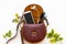 Brown hand bag leatherette  ,sunglasses collection of lifestyle fashion woman with mobile phone