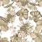 Brown Hibiscus Set. Gray Flower Wallpaper. Colorless  Seamless Jungle. Watercolor Textile. Pattern Leaf. Tropical Illustration. Ex