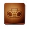 Brown Home stereo with two speakers icon isolated on white background. Music system. Wooden square button. Vector