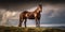 A brown horse standing on top of a lush green hillside. Generative AI image.