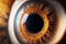 Brown human eye macro closeup with eyeball, iris and reflection light.