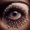 Brown human eye with many pearls glued, close-up, unusual beauty design, Mike-up. For advertising
