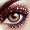 Brown human eye with many pearls glued, close-up, unusual beauty design, Mike-up. For advertising make-up