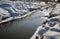 Brown iron river flows in artificial riverbed in winter time