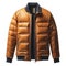 A brown jacket on a white background, future inflatable jacket, orange reflective puffy coat.