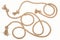 Brown jute ropes with curls and knots isolated on white.