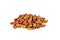 Brown kibble pieces for cat feed heap isolated on white background. Healthy dry pet food.