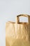 Brown kraft paper grocery shopping bag on white wall background. Plastic-free alternatives environmental protection