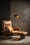 Brown leather chair on dark elegant grunge wall texture vertical background, quiet luxury concept