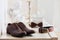 Brown leather men`s shoes with belt, bow-tie. Set groom accessories.