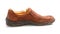 Brown leather men\'s shoes with wooden shoe stretchers on the sid.