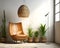 Brown leather mid-century wing chair near potted houseplants against window. Boho home interior design of modern living room.