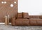 Brown leather sofa in contemporary interior. Modern, stylish, high quality leather furniture. Natural material. 3D