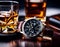 A brown leather strap watch, with a glass of whisky and a bottle of whisky beside it