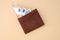 Brown leather wallet with euro banknotes top view.