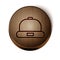 Brown line Beanie hat icon isolated on white background. Wooden circle button. Vector