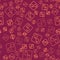 Brown line Camel paw footprint icon isolated seamless pattern on red background. Vector