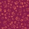 Brown line Search location icon isolated seamless pattern on red background. Magnifying glass with pointer sign. Vector