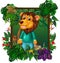 Brown Lion In Forest With Tropical Plant Flower In Wood Square Frame Cartoon