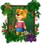 Brown Lion In Forest With Tropical Plant Flower In Wood Square Frame Cartoon