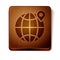 Brown Location on the globe icon isolated on white background. World or Earth sign. Wooden square button. Vector