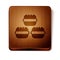 Brown Macaron cookie icon isolated on white background. Macaroon sweet bakery. Wooden square button. Vector