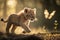 Brown-Maned Lion Cub Leaping for a Butterfly in Greenery, generative AI