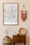 Brown mock up poster frame with map in stylish, Scandinavin living room interiior.