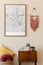 Brown mock up poster frame with map in stylish, Scandinavin living room interiior.