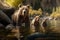 Brown mother bear in mountain river with two cubs, Generative AI