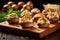 brown mushroom caps stuffed with asiago cheese on a wooden board