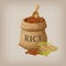 Brown natural long rice in small burlap sack. Vector illustration
