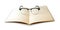 Brown notebook openned and eye glasses isolated