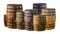 Brown oak barrels of different volumes large and small stands on an isolated background