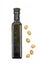 Brown olive oil bottle and olives fruits isolated