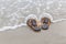 Brown and orange beach slippers soak with waving ocean, summer v