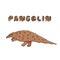 Brown Pangolin or scaly anteater with name text. Vector outline doodle cartoon single African or Asian animal. Isolated