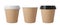 Brown paper coffee cups with black and white lids. Open and closed small paper cup. Realistic vector mockup.