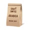 Brown paper food bag package of craft coffee. Realistic vector mockup template. Vector packaging design.