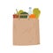 Brown paper pack with healthy groceries vector flat illustration. Eco friendly package with handle for purchases